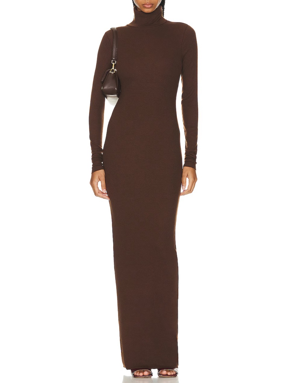 SKIMS Long Sleeve Mock Neck Maxi Dress in Brown